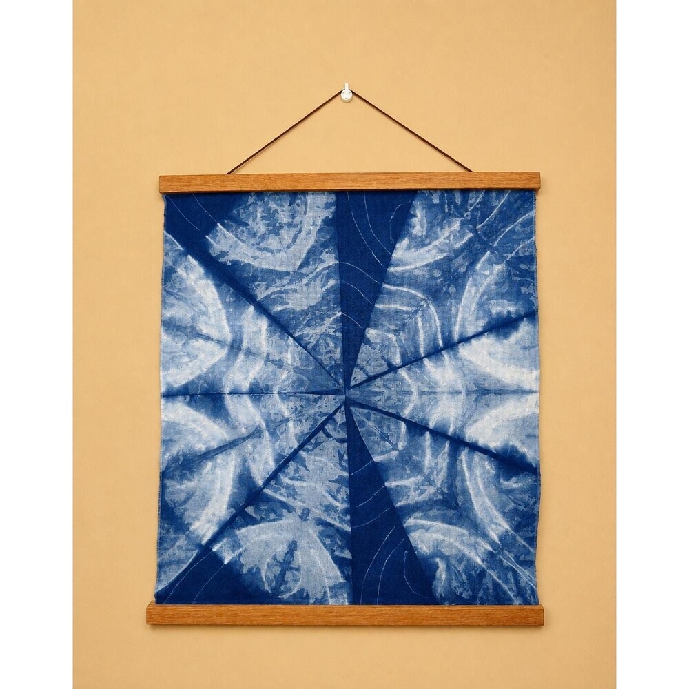 Eight-Pointed Star Indigo Shibori Wall Hanging, Handmade Geometric Textile Art
